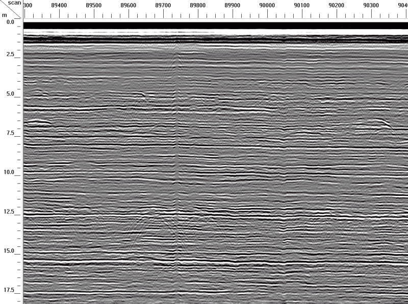 An example
radargram, showing a thin crevasse and telltale lines leading up to it